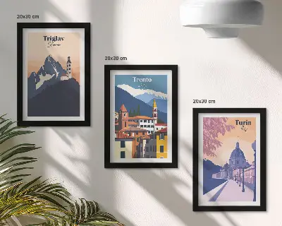 Zidna galerija slika sa šarenim ilustracijama planina i retro arhitekture