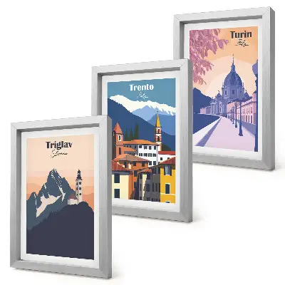 Zidna galerija slika sa šarenim ilustracijama planina i retro arhitekture