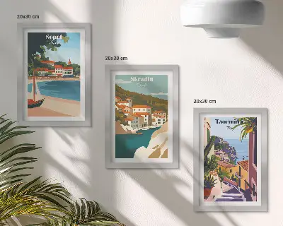 Zidna galerija slika elegantne ilustracije s pogledom na grad uz more