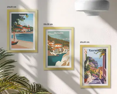 Zidna galerija slika elegantne ilustracije s pogledom na grad uz more