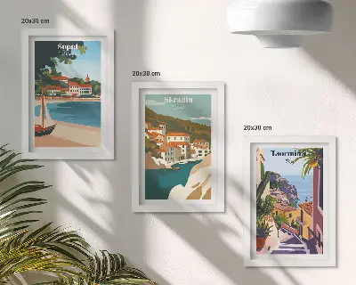 Zidna galerija slika elegantne ilustracije s pogledom na grad uz more