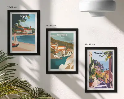 Zidna galerija slika elegantne ilustracije s pogledom na grad uz more