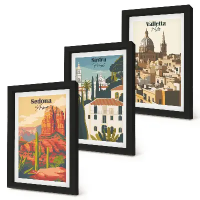 Set od 3 slike u okviru retro gradski pejzaži Sedone, Sintre i Vallette