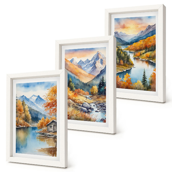 Set 3 slike u okviru Planinski krajolik s rijekom i jesenskim drvećem