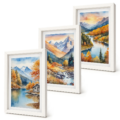 Set 3 slike u okviru Planinski krajolik s rijekom i jesenskim drvećem