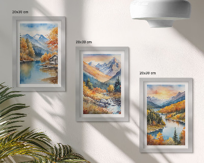 Set 3 slike u okviru Planinski krajolik s rijekom i jesenskim drvećem