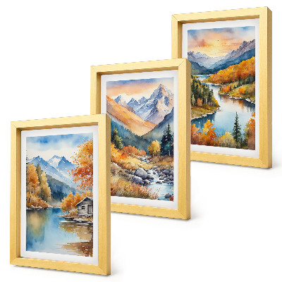 Set 3 slike u okviru Planinski krajolik s rijekom i jesenskim drvećem