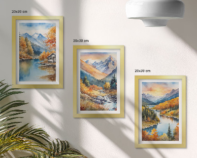 Set 3 slike u okviru Planinski krajolik s rijekom i jesenskim drvećem