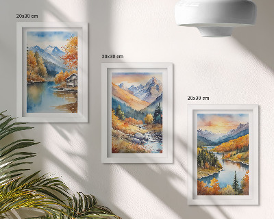 Set 3 slike u okviru Planinski krajolik s rijekom i jesenskim drvećem