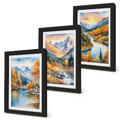 Set 3 slike u okviru Planinski krajolik s rijekom i jesenskim drvećem