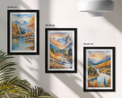 Set 3 slike u okviru Planinski krajolik s rijekom i jesenskim drvećem