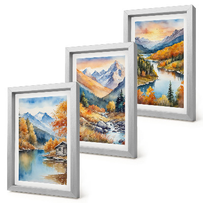 Set 3 slike u okviru Planinski krajolik s rijekom i jesenskim drvećem