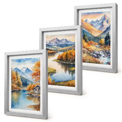 Komplet slika u okviru Planinski pogled s rijekom i jesenskim drvećem