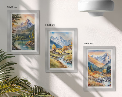 Zidna galerija slika Planinski krajolik s rijekom i kućicama u jesenskim bojama