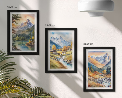 Zidna galerija slika Planinski krajolik s rijekom i kućicama u jesenskim bojama