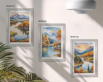 Zidna galerija slika Jesenski planinski krajolici s rijekom i kućicom uz vodu