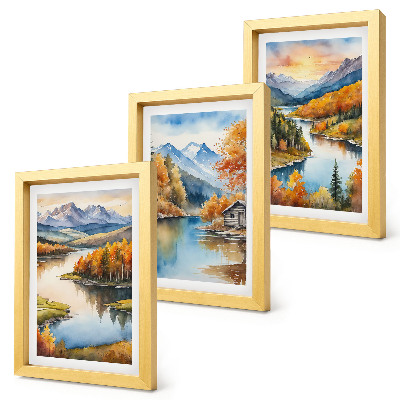 Zidna galerija slika Jesenski planinski krajolici s rijekom i kućicom uz vodu