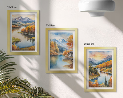 Zidna galerija slika Jesenski planinski krajolici s rijekom i kućicom uz vodu