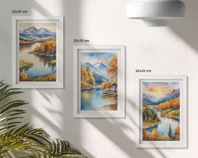 Zidna galerija slika Jesenski planinski krajolici s rijekom i kućicom uz vodu