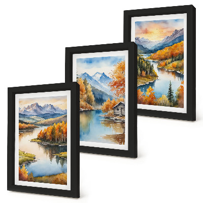 Zidna galerija slika Jesenski planinski krajolici s rijekom i kućicom uz vodu