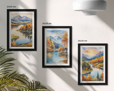 Zidna galerija slika Jesenski planinski krajolici s rijekom i kućicom uz vodu