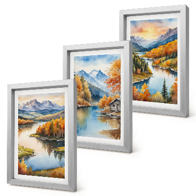Zidna galerija slika Jesenski planinski krajolici s rijekom i kućicom uz vodu