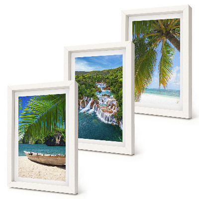 Set 3 slike u okviru Plaža s brodom, vodopadima i palmama u tropima