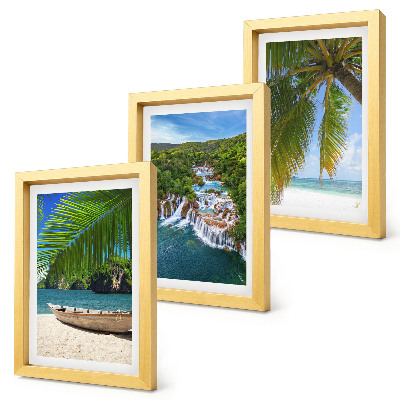 Set 3 slike u okviru Plaža s brodom, vodopadima i palmama u tropima