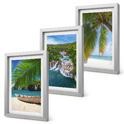 Set 3 slike u okviru Plaža s brodom, vodopadima i palmama u tropima