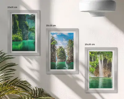 Zeleni krajolici s vodopadima i stijenama set od 3 slike u okviru