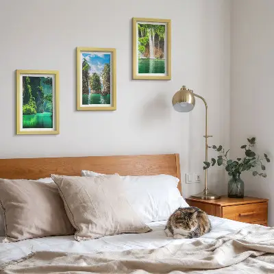 Zeleni krajolici s vodopadima i stijenama set od 3 slike u okviru