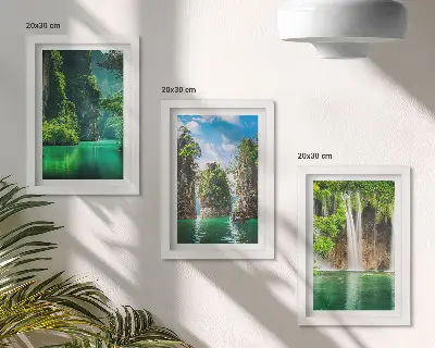 Zeleni krajolici s vodopadima i stijenama set od 3 slike u okviru