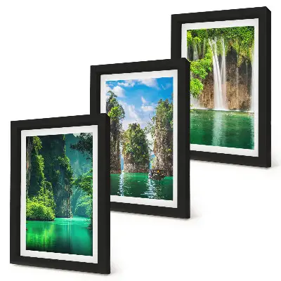 Zeleni krajolici s vodopadima i stijenama set od 3 slike u okviru