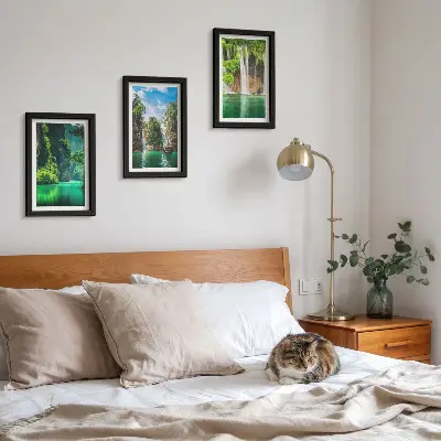 Zeleni krajolici s vodopadima i stijenama set od 3 slike u okviru