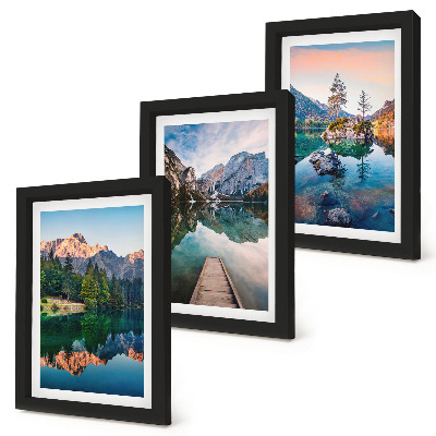 Set 3 slike u okviru Planinska jezera s odrazima u vodi i šumi