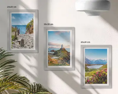 Zidna galerija slika pogled na svjetionik, plažu, planine i cvijeće
