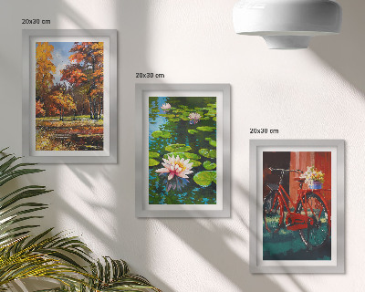 Zidna galerija slika Jesenske boje, ribnjak s lokvanjima, bicikl na terasi