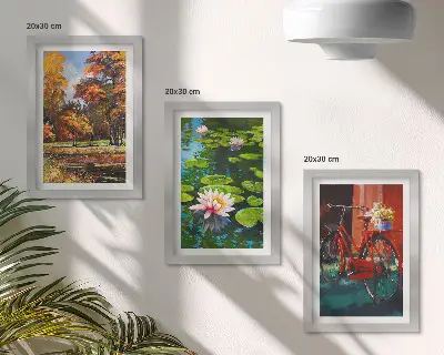 Zidna galerija slika jesenske boje, ribnjak s lokvanjima i bicikl na terasi