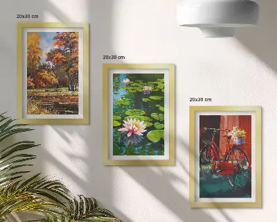 Zidna galerija slika jesenske boje, ribnjak s lokvanjima i bicikl na terasi