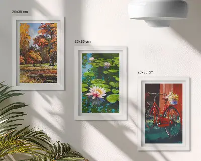 Zidna galerija slika jesenske boje, ribnjak s lokvanjima i bicikl na terasi