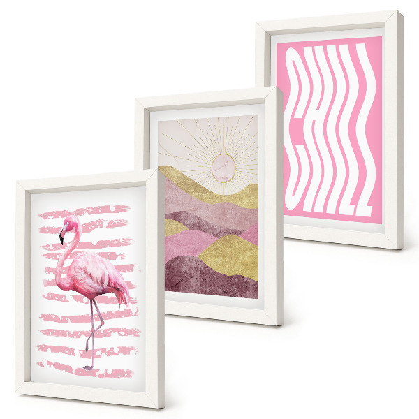 Set 3 slike u okviru Ružičasti flamingosi pastelni planinski krajolik hladni natpis