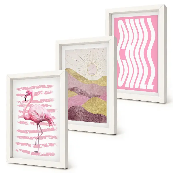 Set 3 slike u okviru ružičasti flamingosi s pastelnim planinskim krajolikom i natpisom