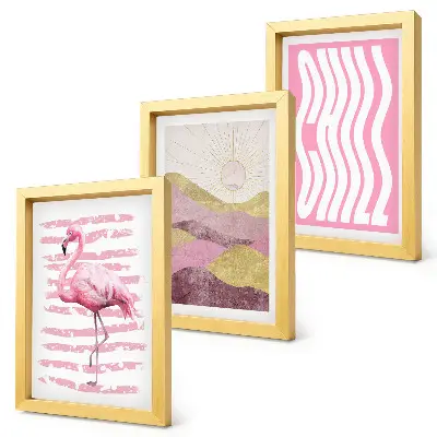 Set 3 slike u okviru ružičasti flamingosi s pastelnim planinskim krajolikom i natpisom