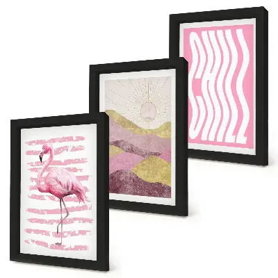 Set 3 slike u okviru ružičasti flamingosi s pastelnim planinskim krajolikom i natpisom