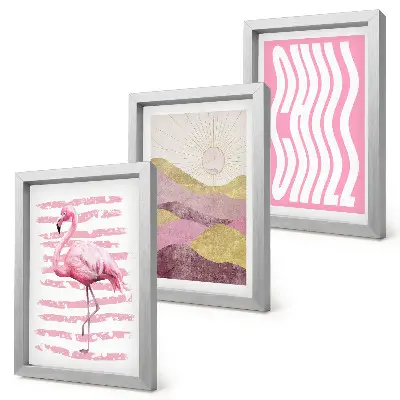 Set 3 slike u okviru ružičasti flamingosi s pastelnim planinskim krajolikom i natpisom