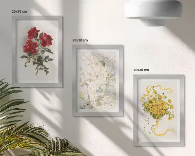 Zidna galerija slika crvene ruže, bijela figura i žuto cvijeće u vazi
