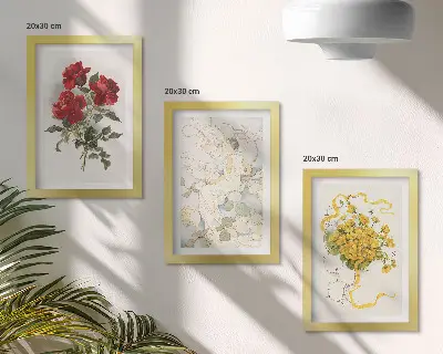 Zidna galerija slika crvene ruže, bijela figura i žuto cvijeće u vazi