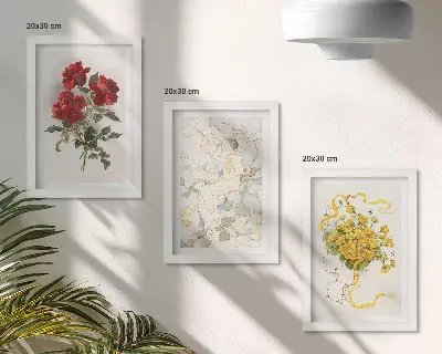 Zidna galerija slika crvene ruže, bijela figura i žuto cvijeće u vazi
