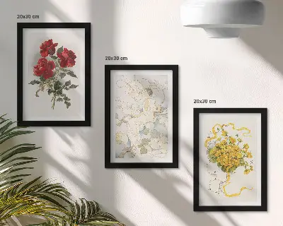 Zidna galerija slika crvene ruže, bijela figura i žuto cvijeće u vazi