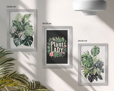 Set 3 slike u okviru Tropske biljke s natpisom Plant Lady u zelenoj boji